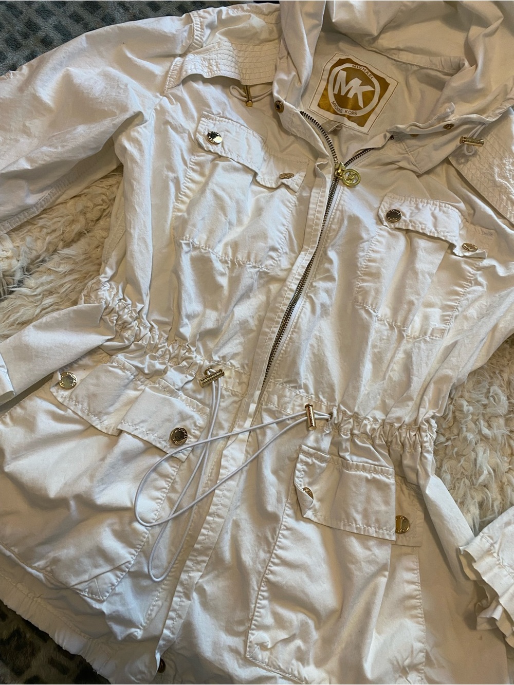 Michael Kors White Hooded Drawstring Anorak with Gold Hardware